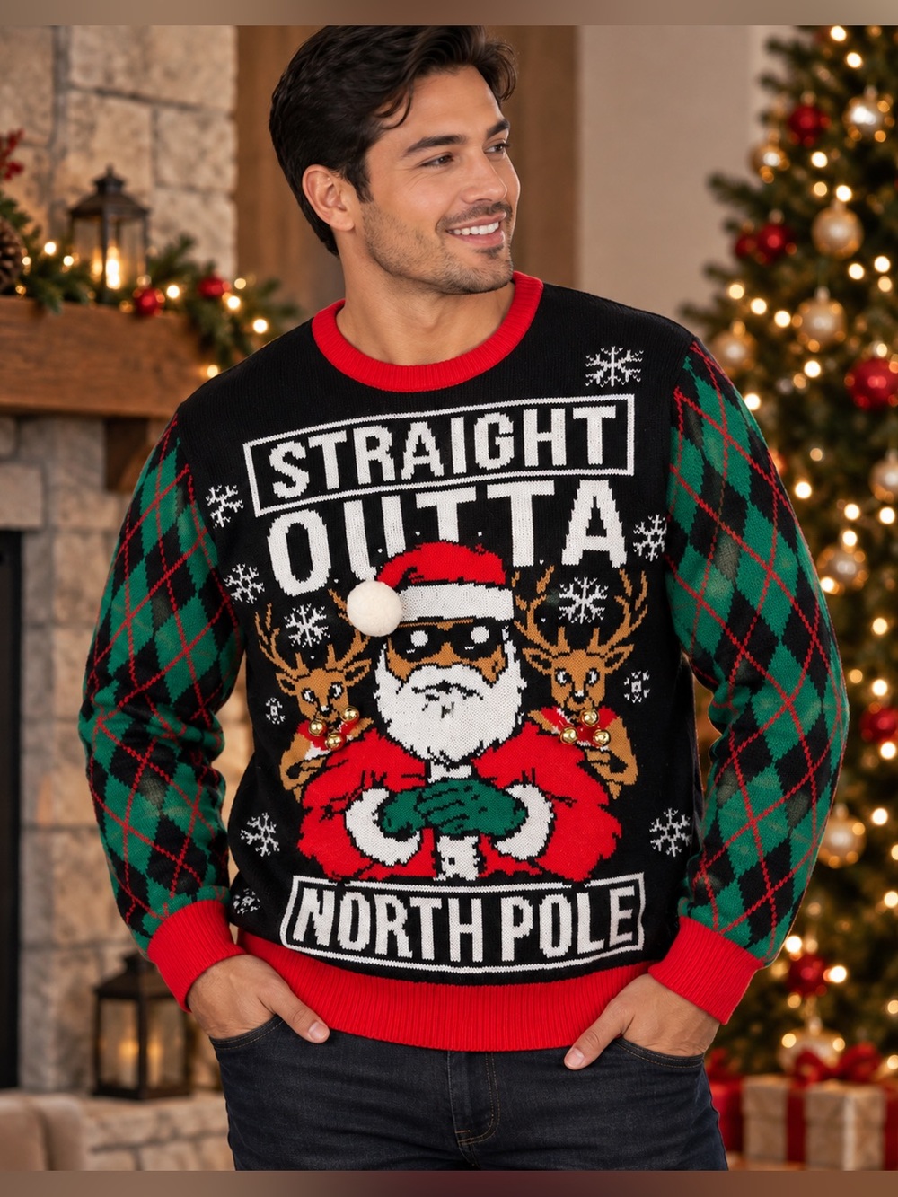 Holiday Time Straight Outta North Pole Light Up Ugly Christmas Sweater L